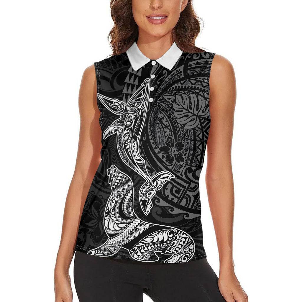 Hawaiian Monk Seal and Whale Women Sleeveless Polo Shirt Kakau Tribal Pattern Grayscale