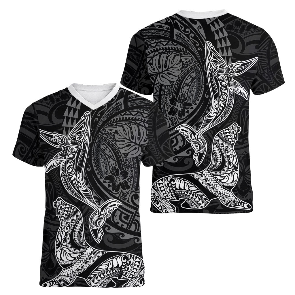 Hawaiian Monk Seal and Whale Women V-Neck T-Shirt Kakau Tribal Pattern Grayscale