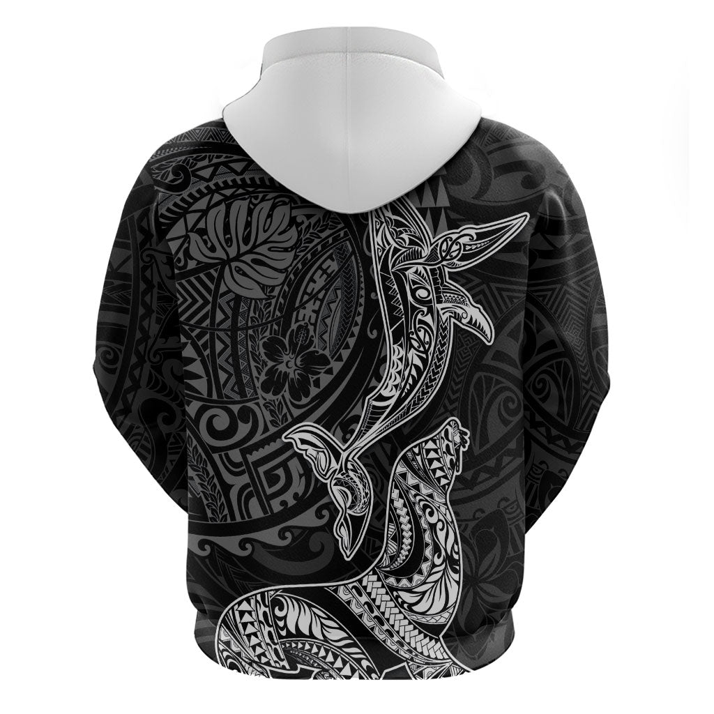 Hawaiian Monk Seal and Whale Zip Hoodie Kakau Tribal Pattern Grayscale