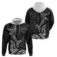 Hawaiian Monk Seal and Whale Zip Hoodie Kakau Tribal Pattern Grayscale