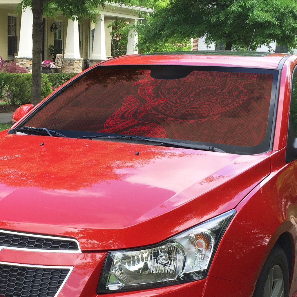 Hawaiian Monk Seal and Whale Auto Sun Shade Kakau Tribal Pattern Red Color