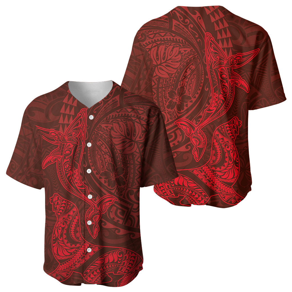 Hawaiian Monk Seal and Whale Baseball Jersey Kakau Tribal Pattern Red Color