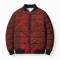 Hawaiian Monk Seal and Whale Bomber Puffer Jacket Kakau Tribal Pattern Red Color