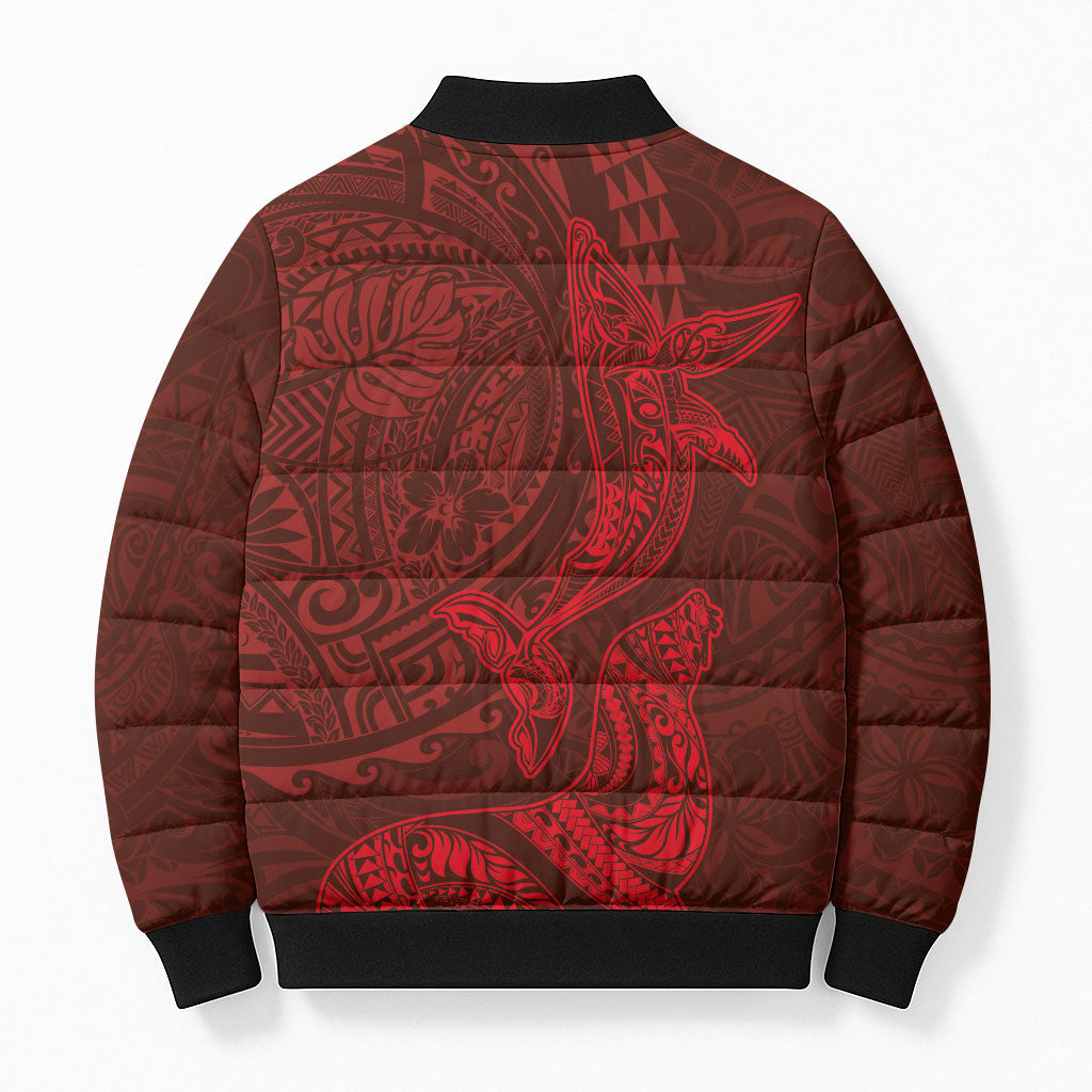 Hawaiian Monk Seal and Whale Bomber Puffer Jacket Kakau Tribal Pattern Red Color