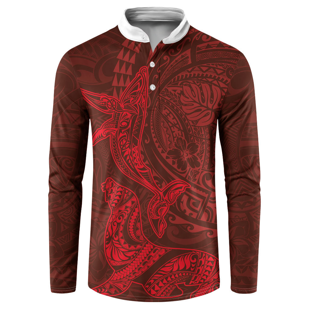 Hawaiian Monk Seal and Whale Button Sweatshirt Kakau Tribal Pattern Red Color