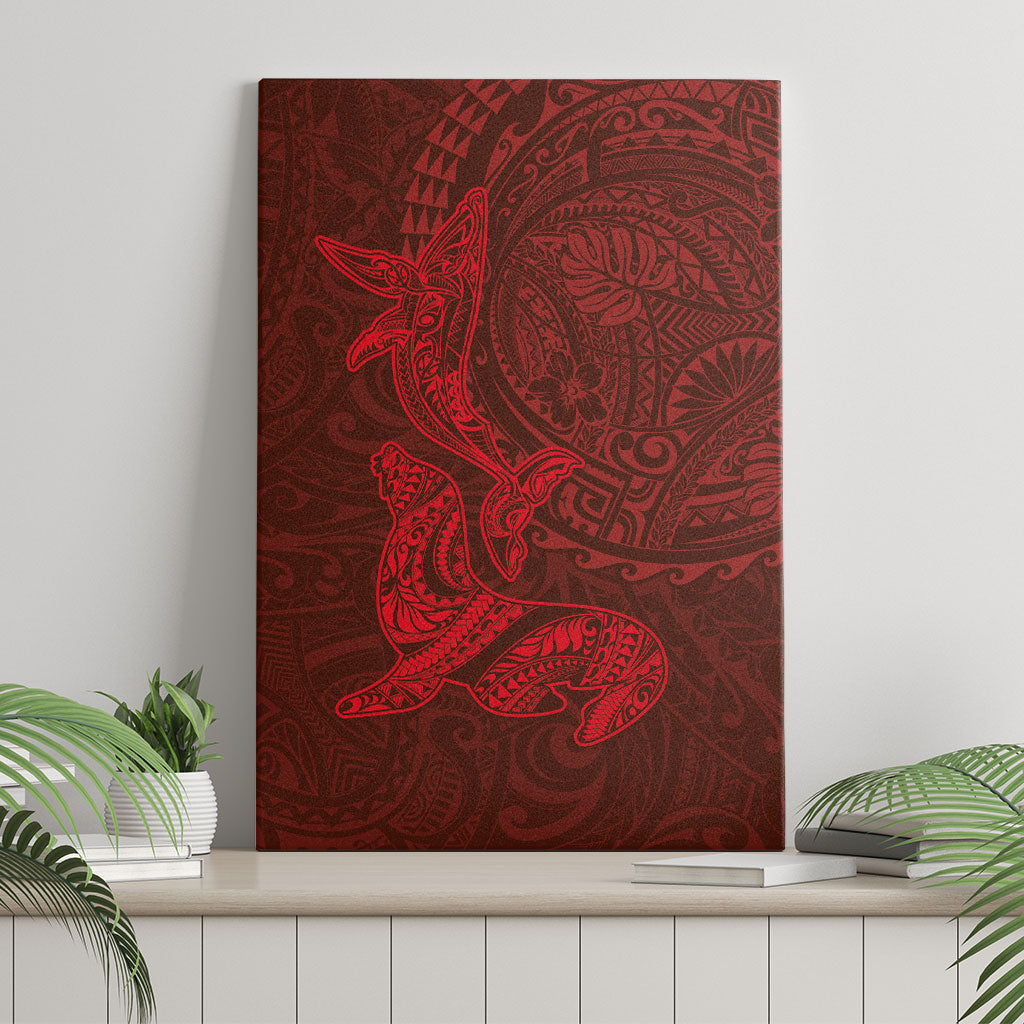 Hawaiian Monk Seal and Whale Canvas Wall Art Kakau Tribal Pattern Red Color