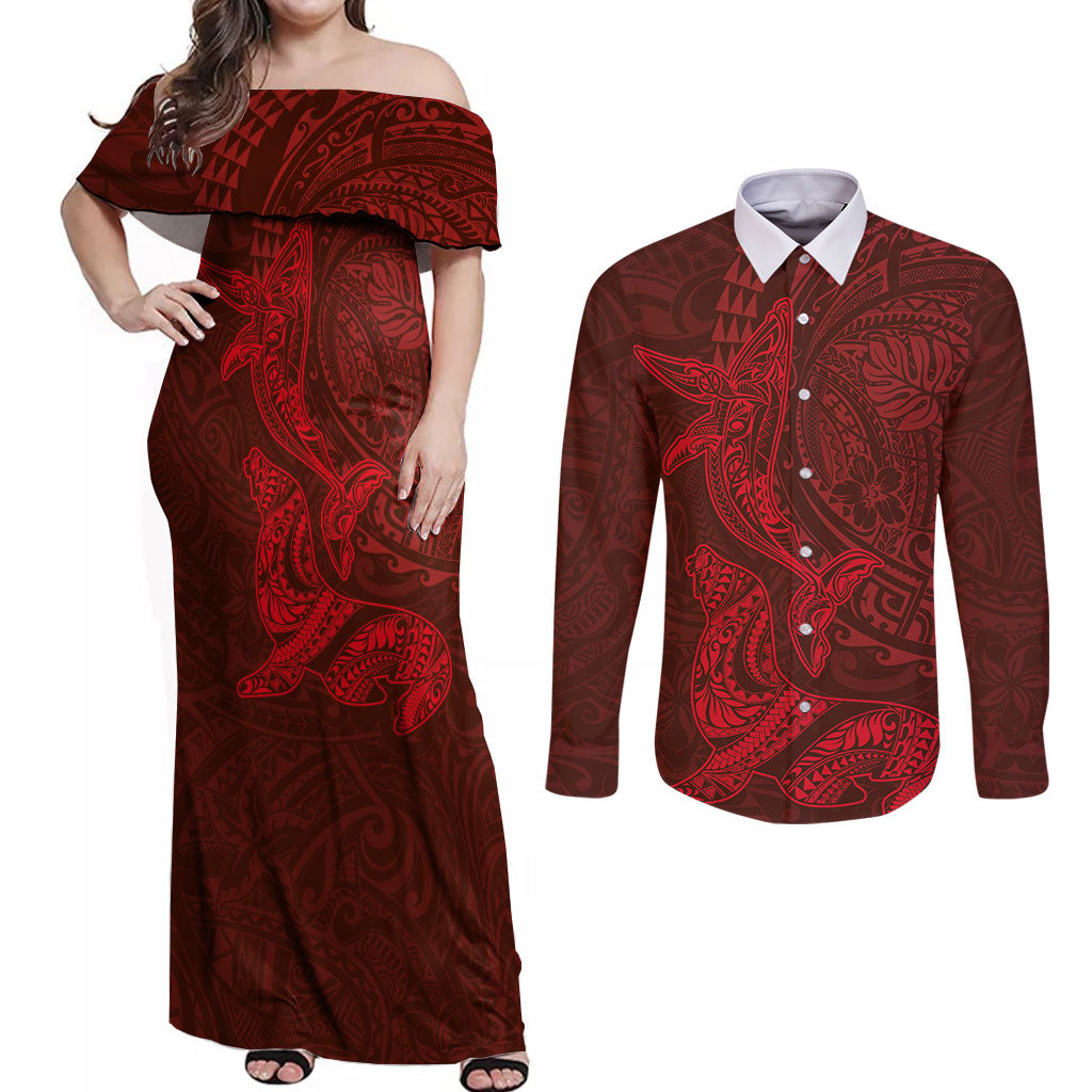 Hawaiian Monk Seal and Whale Couples Matching Off Shoulder Maxi Dress and Long Sleeve Button Shirt Kakau Tribal Pattern Red Color