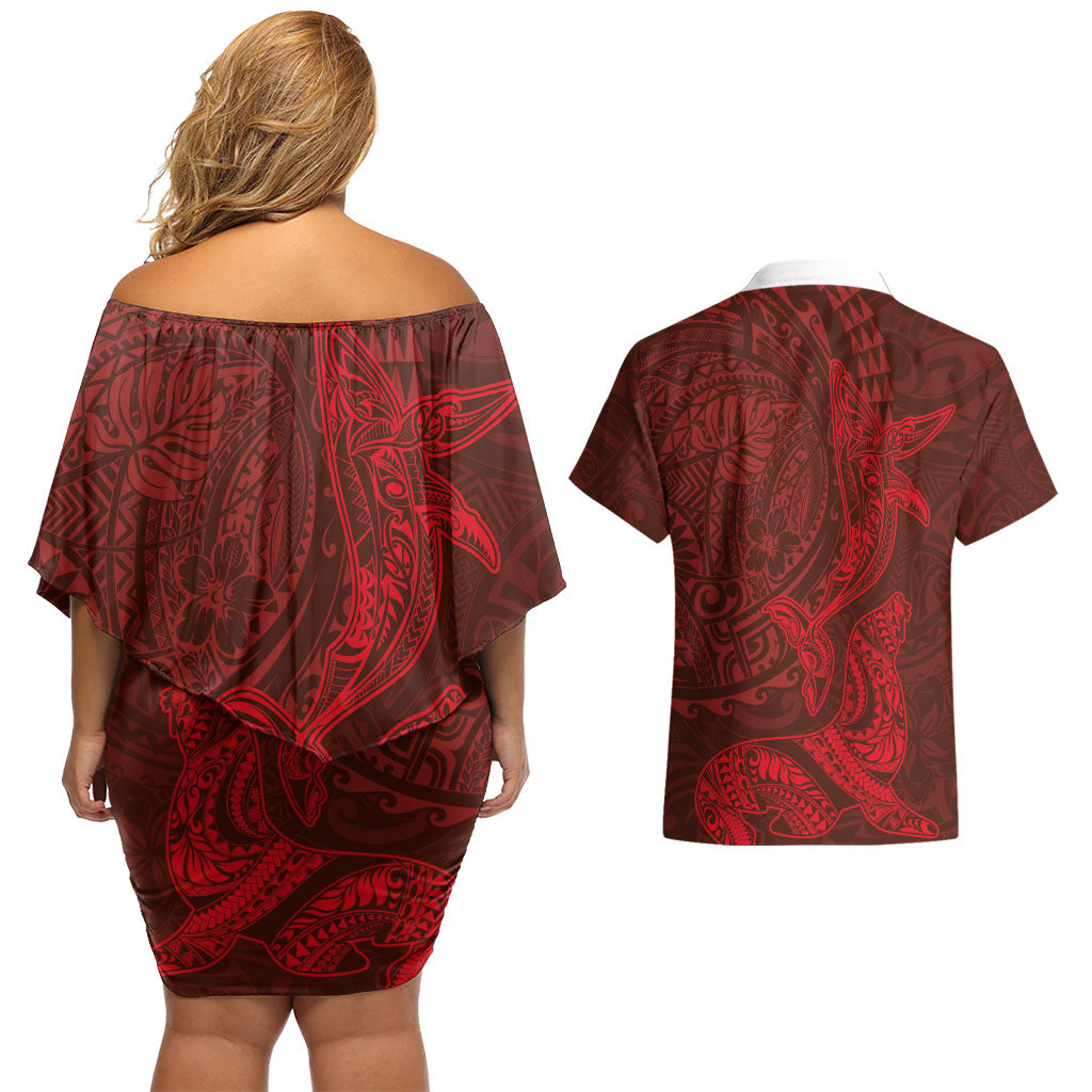 Hawaiian Monk Seal and Whale Couples Matching Off Shoulder Short Dress and Hawaiian Shirt Kakau Tribal Pattern Red Color