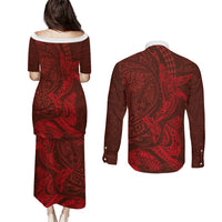Hawaiian Monk Seal and Whale Couples Matching Puletasi and Long Sleeve Button Shirt Kakau Tribal Pattern Red Color