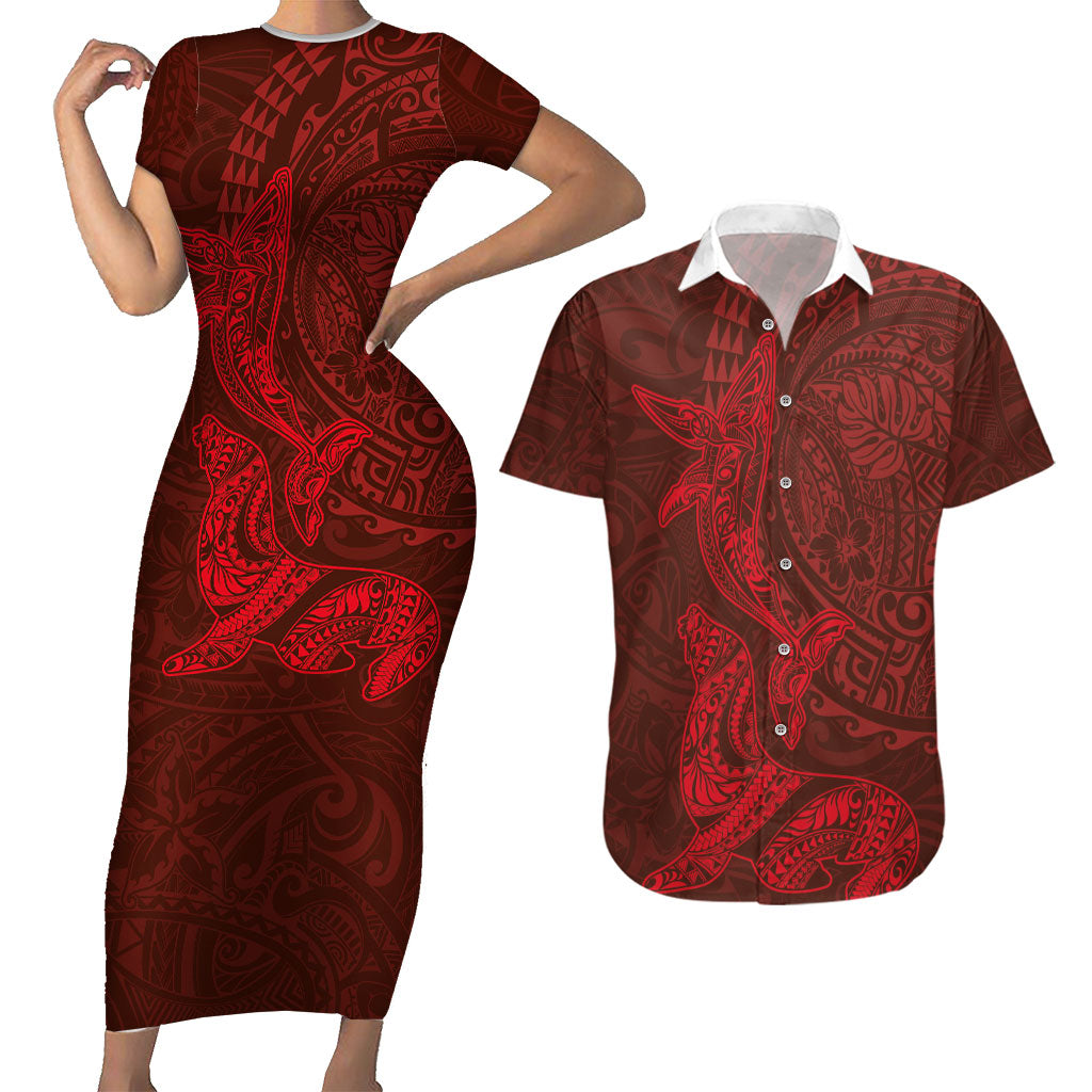 Hawaiian Monk Seal and Whale Couples Matching Short Sleeve Bodycon Dress and Hawaiian Shirt Kakau Tribal Pattern Red Color