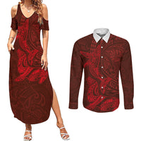 Hawaiian Monk Seal and Whale Couples Matching Summer Maxi Dress and Long Sleeve Button Shirt Kakau Tribal Pattern Red Color