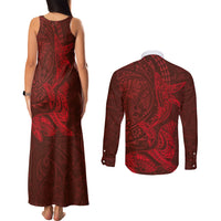 Hawaiian Monk Seal and Whale Couples Matching Tank Maxi Dress and Long Sleeve Button Shirt Kakau Tribal Pattern Red Color