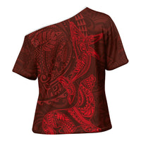 Hawaiian Monk Seal and Whale Cross Shoulder Shirt Kakau Tribal Pattern Red Color