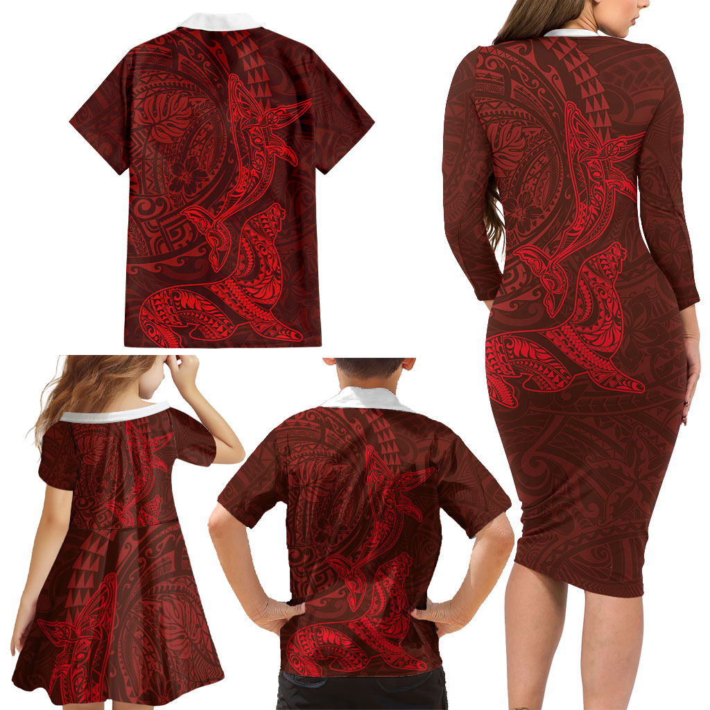 Hawaiian Monk Seal and Whale Family Matching Long Sleeve Bodycon Dress and Hawaiian Shirt Kakau Tribal Pattern Red Color LT03 - Polynesian Pride