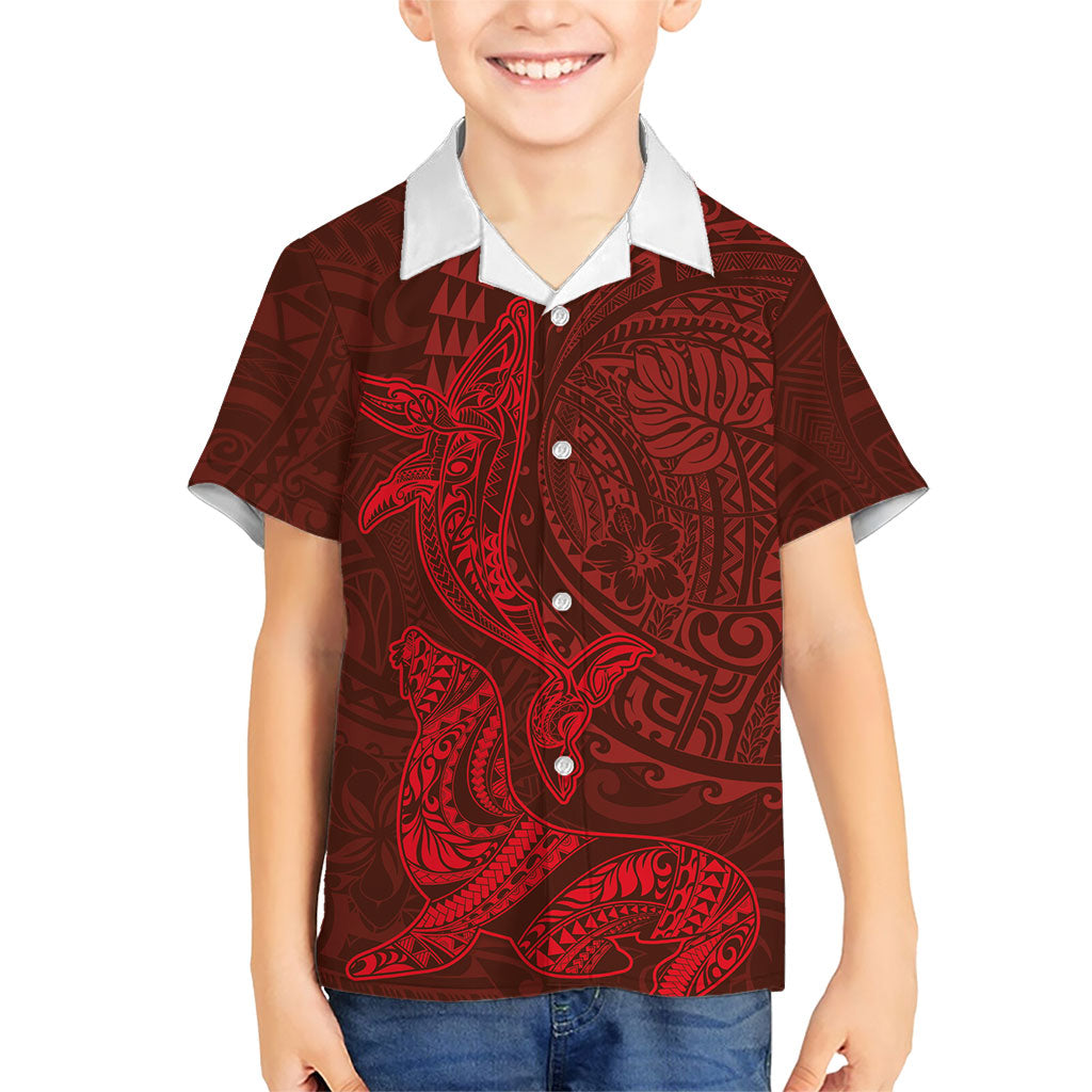Hawaiian Monk Seal and Whale Family Matching Long Sleeve Bodycon Dress and Hawaiian Shirt Kakau Tribal Pattern Red Color LT03 Son's Shirt Red - Polynesian Pride