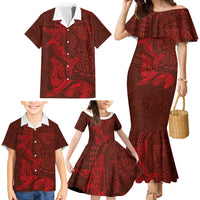 Hawaiian Monk Seal and Whale Family Matching Mermaid Dress and Hawaiian Shirt Kakau Tribal Pattern Red Color LT03 - Polynesian Pride