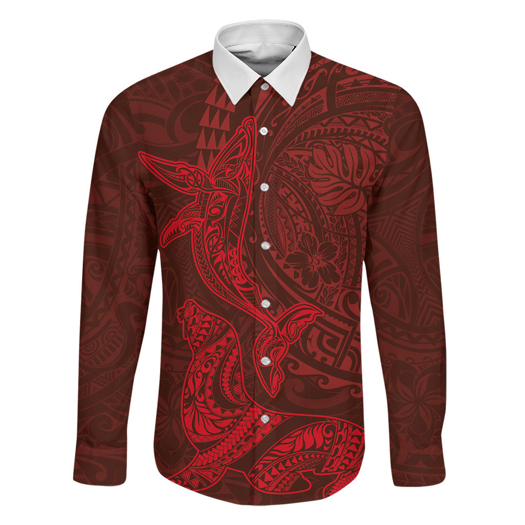 Hawaiian Monk Seal and Whale Family Matching Mermaid Dress and Hawaiian Shirt Kakau Tribal Pattern Red Color LT03 Dad's Shirt - Long Sleeve Red - Polynesian Pride