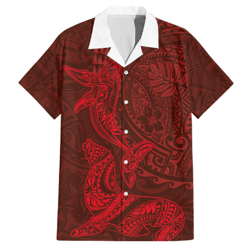 Hawaiian Monk Seal and Whale Family Matching Off The Shoulder Long Sleeve Dress and Hawaiian Shirt Kakau Tribal Pattern Red Color LT03 Dad's Shirt - Short Sleeve Red - Polynesian Pride