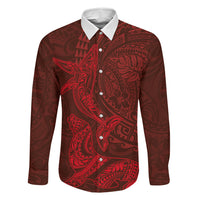 Hawaiian Monk Seal and Whale Family Matching Off The Shoulder Long Sleeve Dress and Hawaiian Shirt Kakau Tribal Pattern Red Color LT03 Dad's Shirt - Long Sleeve Red - Polynesian Pride