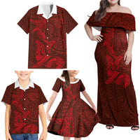 Hawaiian Monk Seal and Whale Family Matching Off Shoulder Maxi Dress and Hawaiian Shirt Kakau Tribal Pattern Red Color LT03 - Polynesian Pride