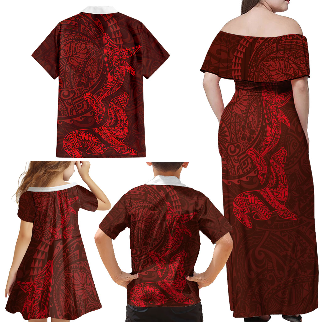 Hawaiian Monk Seal and Whale Family Matching Off Shoulder Maxi Dress and Hawaiian Shirt Kakau Tribal Pattern Red Color LT03 - Polynesian Pride