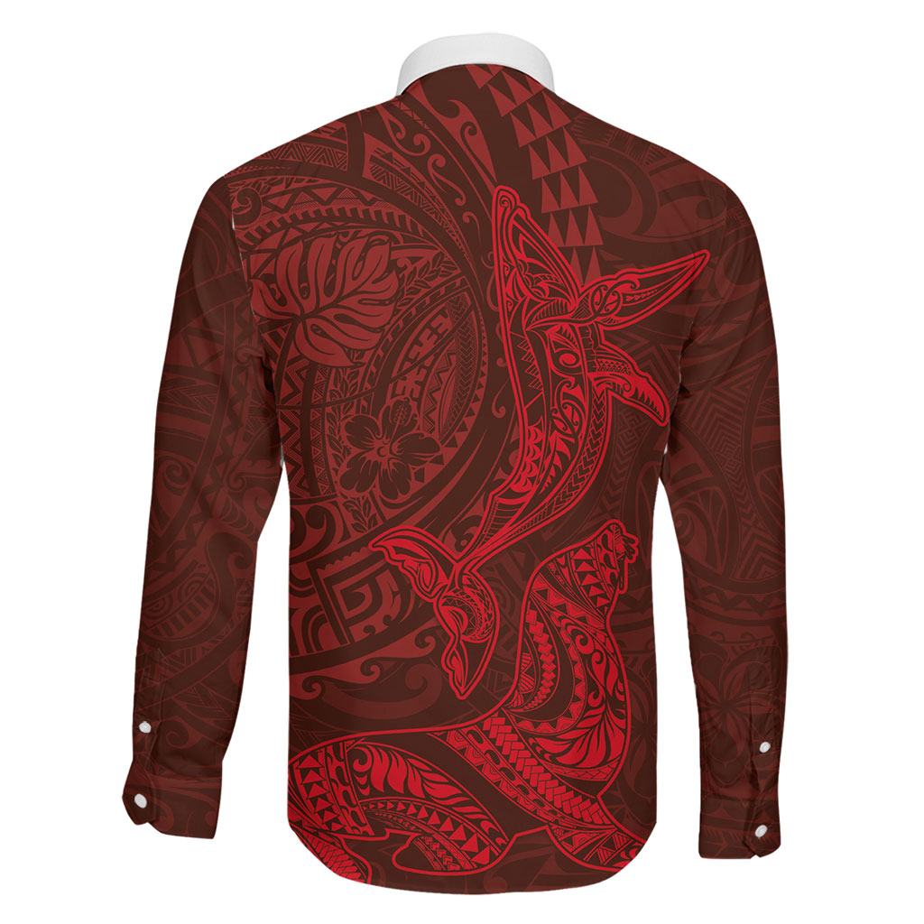 Hawaiian Monk Seal and Whale Family Matching Off Shoulder Maxi Dress and Hawaiian Shirt Kakau Tribal Pattern Red Color LT03 - Polynesian Pride