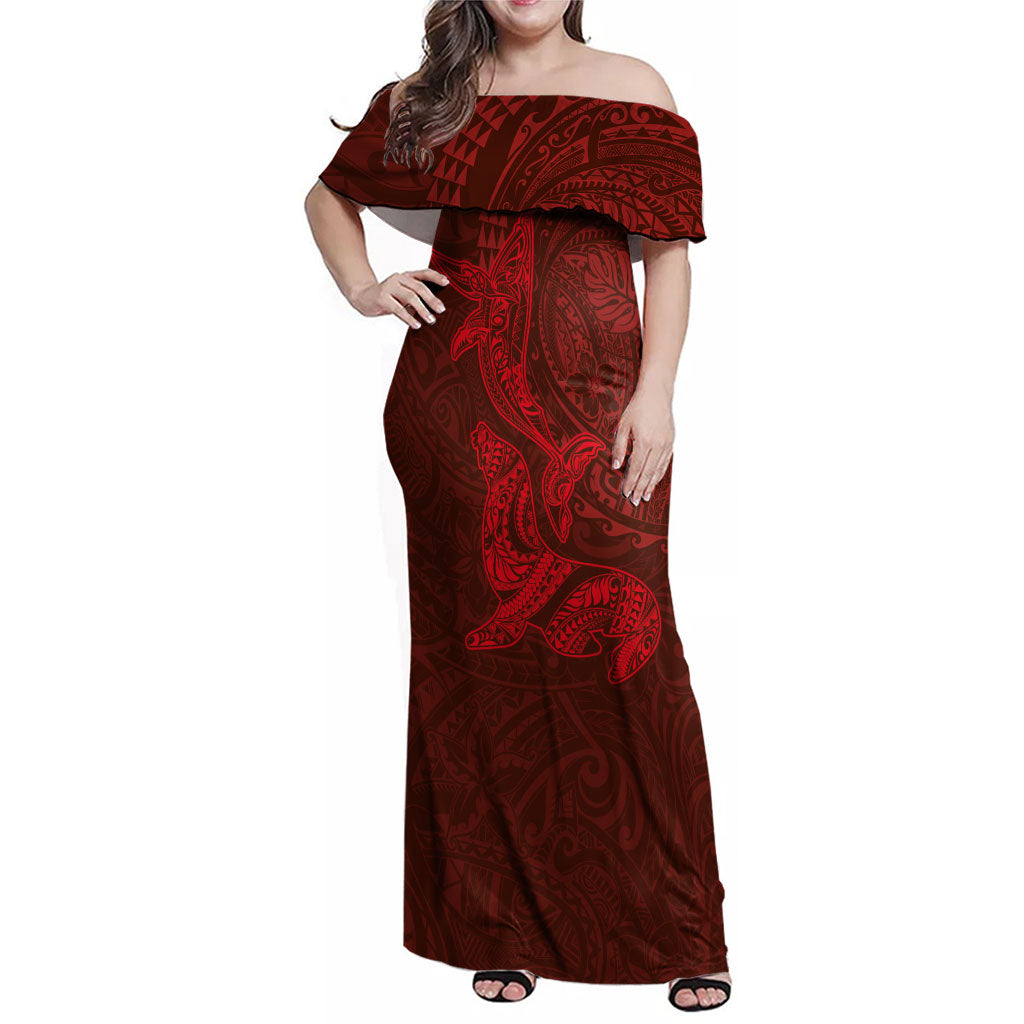 Hawaiian Monk Seal and Whale Family Matching Off Shoulder Maxi Dress and Hawaiian Shirt Kakau Tribal Pattern Red Color LT03 Mom's Dress Red - Polynesian Pride