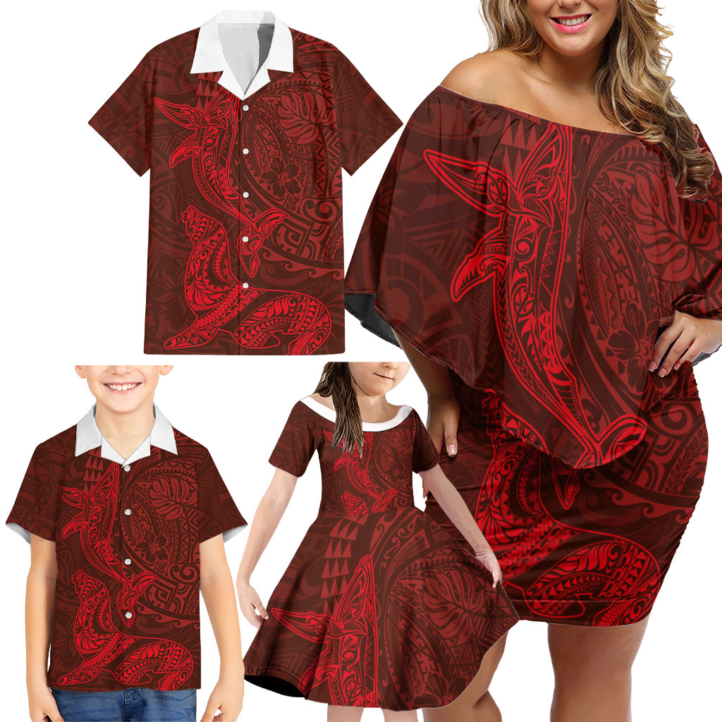Hawaiian Monk Seal and Whale Family Matching Off Shoulder Short Dress and Hawaiian Shirt Kakau Tribal Pattern Red Color LT03 - Polynesian Pride