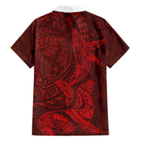 Hawaiian Monk Seal and Whale Family Matching Off Shoulder Short Dress and Hawaiian Shirt Kakau Tribal Pattern Red Color LT03 - Polynesian Pride