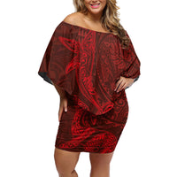 Hawaiian Monk Seal and Whale Family Matching Off Shoulder Short Dress and Hawaiian Shirt Kakau Tribal Pattern Red Color LT03 Mom's Dress Red - Polynesian Pride