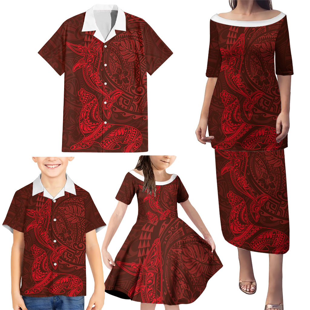 Hawaiian Monk Seal and Whale Family Matching Puletasi and Hawaiian Shirt Kakau Tribal Pattern Red Color LT03 - Polynesian Pride