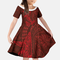 Hawaiian Monk Seal and Whale Family Matching Short Sleeve Bodycon Dress and Hawaiian Shirt Kakau Tribal Pattern Red Color LT03 Daughter's Dress Red - Polynesian Pride