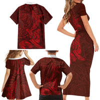 Hawaiian Monk Seal and Whale Family Matching Short Sleeve Bodycon Dress and Hawaiian Shirt Kakau Tribal Pattern Red Color LT03 - Polynesian Pride
