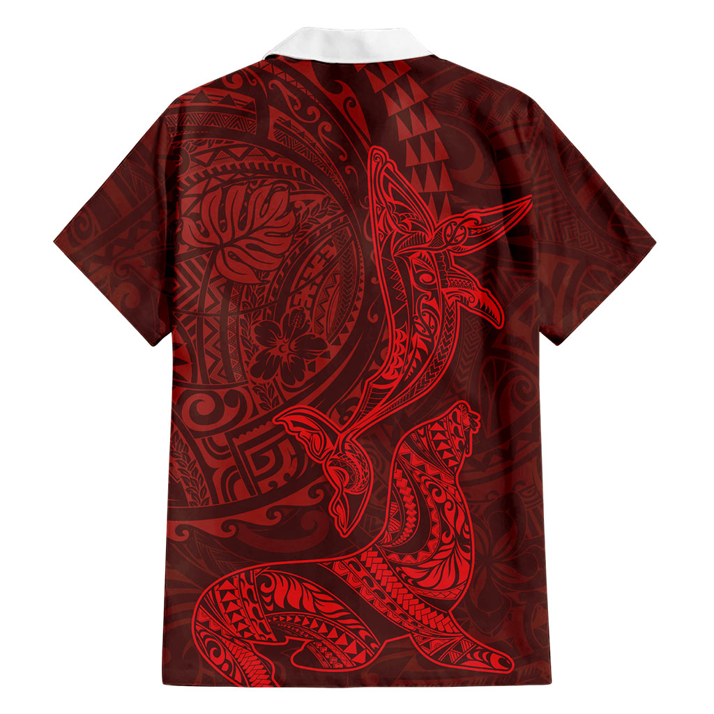 Hawaiian Monk Seal and Whale Family Matching Short Sleeve Bodycon Dress and Hawaiian Shirt Kakau Tribal Pattern Red Color LT03 - Polynesian Pride