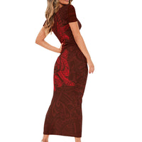 Hawaiian Monk Seal and Whale Family Matching Short Sleeve Bodycon Dress and Hawaiian Shirt Kakau Tribal Pattern Red Color LT03 - Polynesian Pride