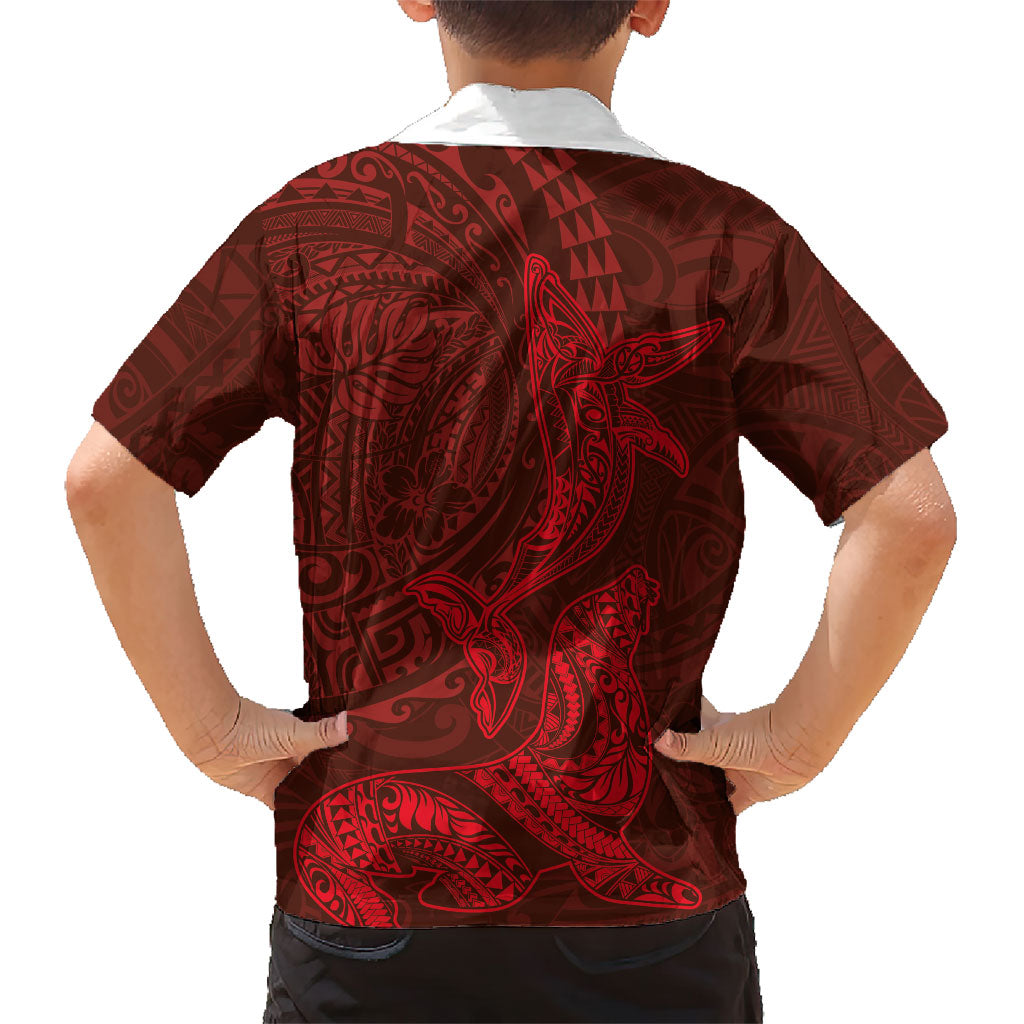 Hawaiian Monk Seal and Whale Family Matching Summer Maxi Dress and Hawaiian Shirt Kakau Tribal Pattern Red Color LT03 - Polynesian Pride