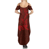 Hawaiian Monk Seal and Whale Family Matching Summer Maxi Dress and Hawaiian Shirt Kakau Tribal Pattern Red Color LT03 - Polynesian Pride