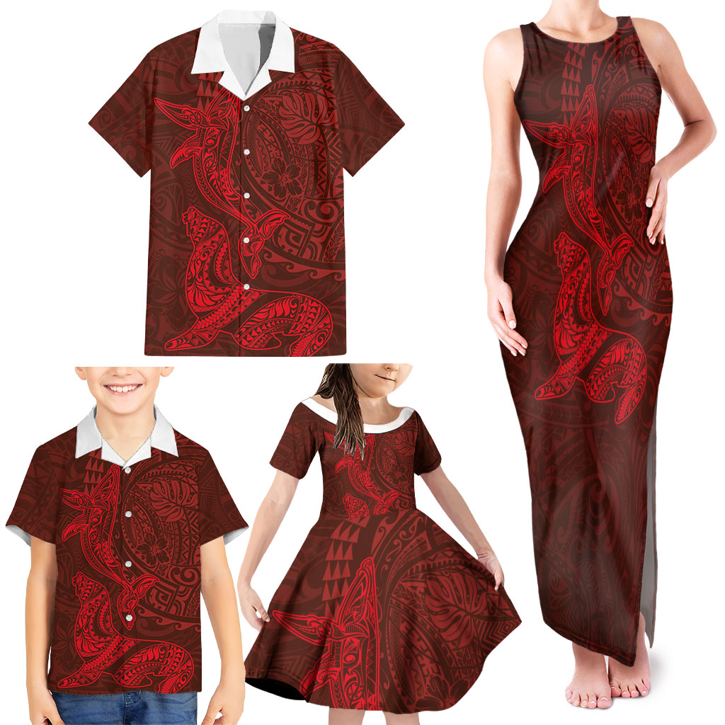Hawaiian Monk Seal and Whale Family Matching Tank Maxi Dress and Hawaiian Shirt Kakau Tribal Pattern Red Color