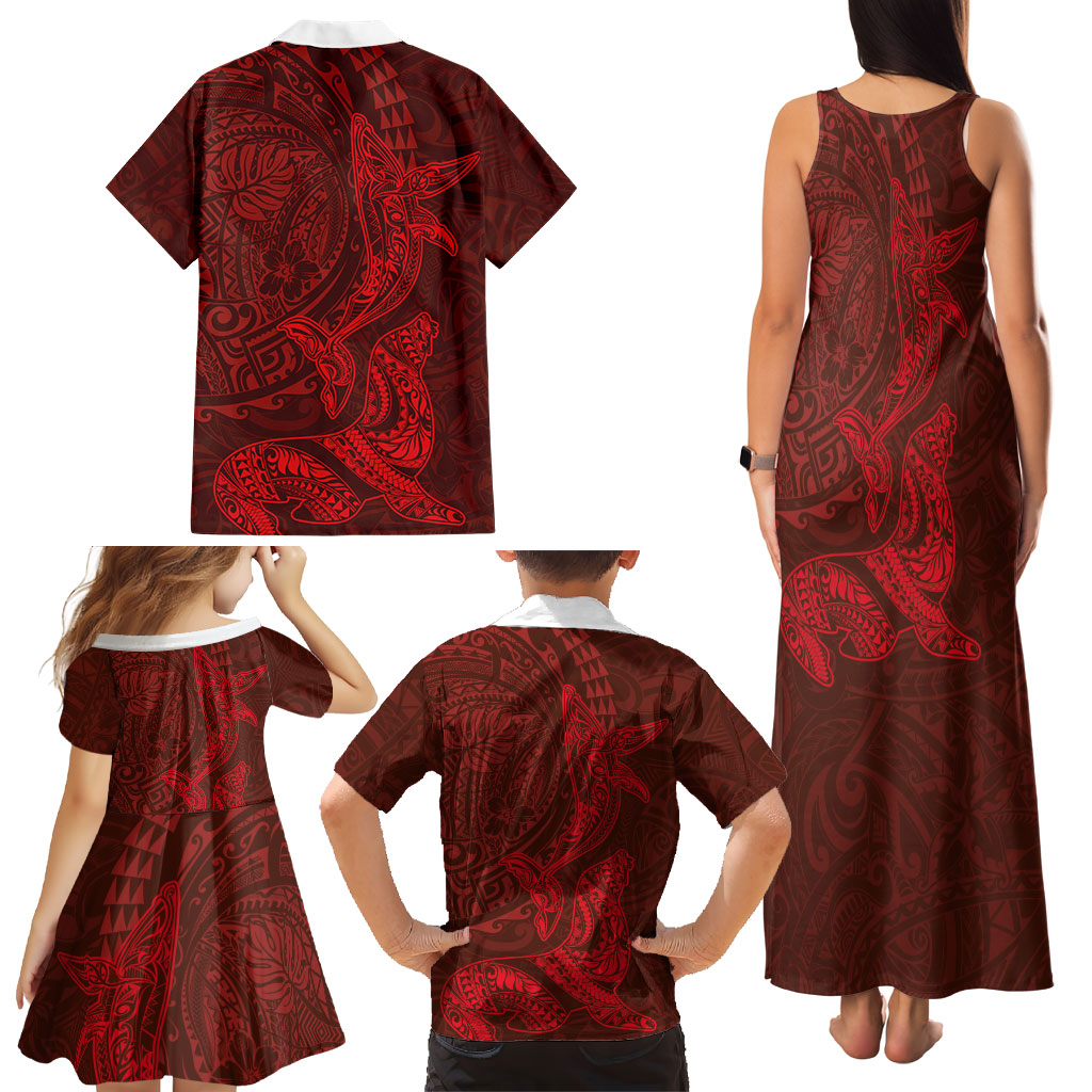 Hawaiian Monk Seal and Whale Family Matching Tank Maxi Dress and Hawaiian Shirt Kakau Tribal Pattern Red Color LT03 - Polynesian Pride
