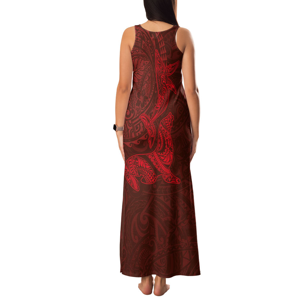 Hawaiian Monk Seal and Whale Family Matching Tank Maxi Dress and Hawaiian Shirt Kakau Tribal Pattern Red Color LT03 - Polynesian Pride