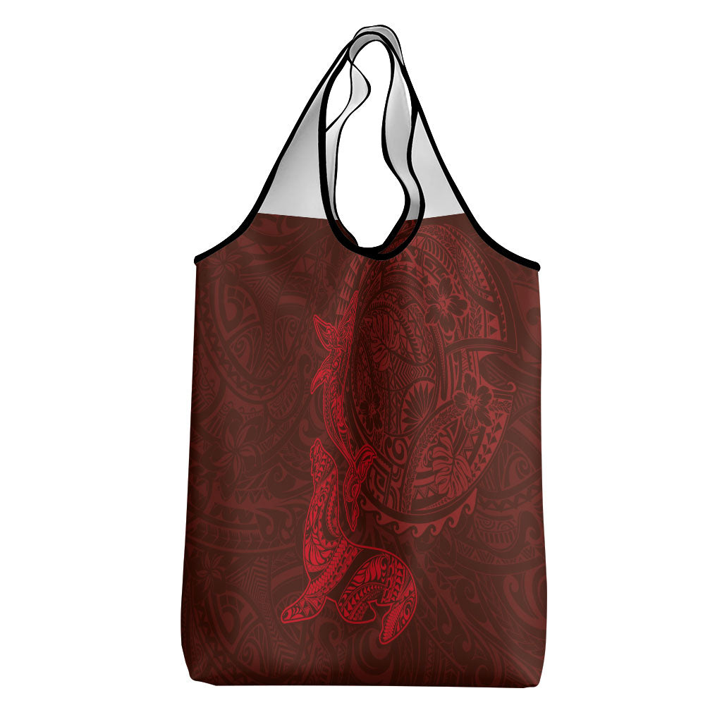 Hawaiian Monk Seal and Whale Grocery Bag Kakau Tribal Pattern Red Color