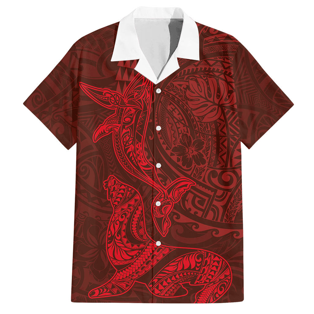 Hawaiian Monk Seal and Whale Hawaiian Shirt Kakau Tribal Pattern Red Color
