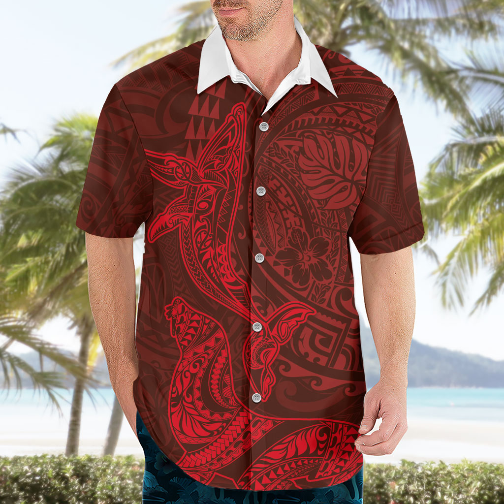 Hawaiian Monk Seal and Whale Hawaiian Shirt Kakau Tribal Pattern Red Color