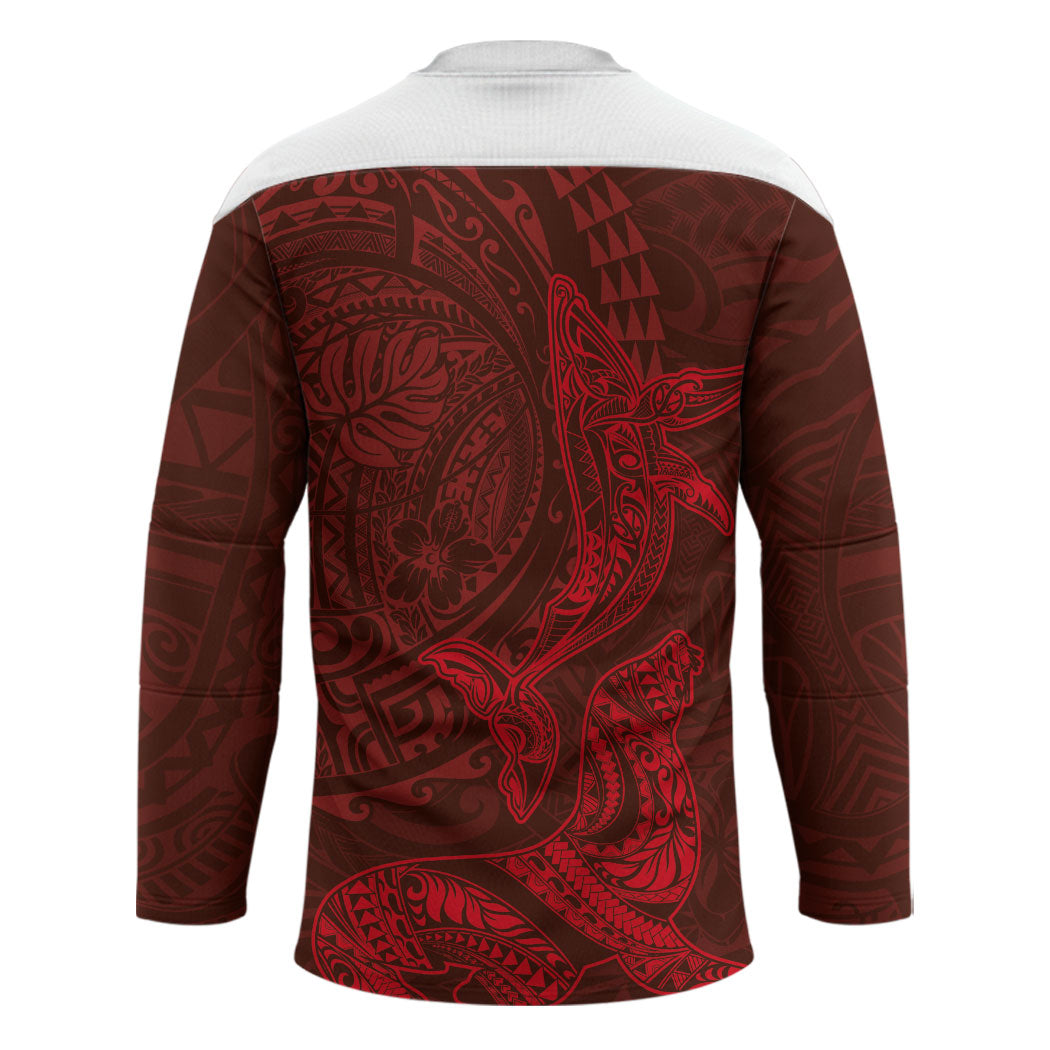 Hawaiian Monk Seal and Whale Hockey Jersey Kakau Tribal Pattern Red Color
