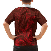 Hawaiian Monk Seal and Whale Kid Hawaiian Shirt Kakau Tribal Pattern Red Color