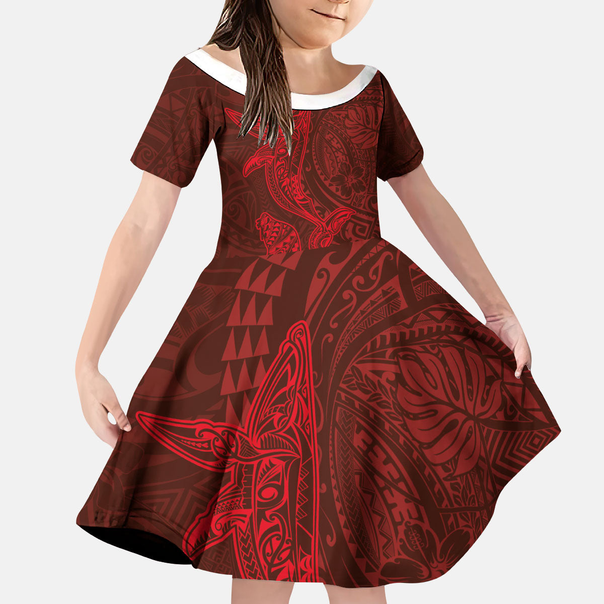 Hawaiian Monk Seal and Whale Kid Short Sleeve Dress Kakau Tribal Pattern Red Color