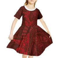 Hawaiian Monk Seal and Whale Kid Short Sleeve Dress Kakau Tribal Pattern Red Color