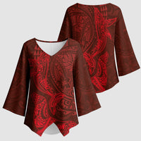 Hawaiian Monk Seal and Whale Kimono Sleeve Blouse Kakau Tribal Pattern Red Color