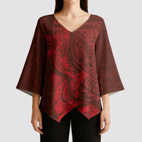 Hawaiian Monk Seal and Whale Kimono Sleeve Blouse Kakau Tribal Pattern Red Color
