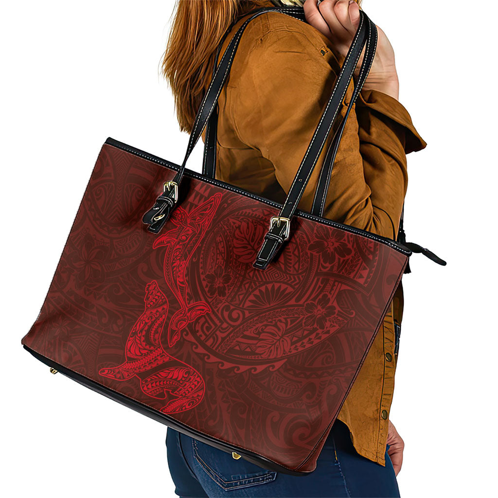 Hawaiian Monk Seal and Whale Leather Tote Bag Kakau Tribal Pattern Red Color
